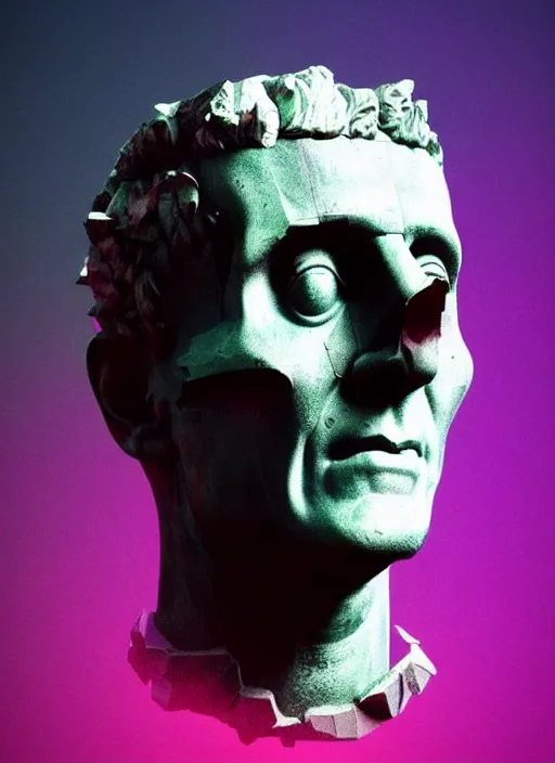 Image similar to statue of julius caesar with a skull, beeple, vaporwave, retrowave, abstract neon shapes, posterization, black background, glitch, pixel sorting, strong contrast, pinterest, trending on artstation