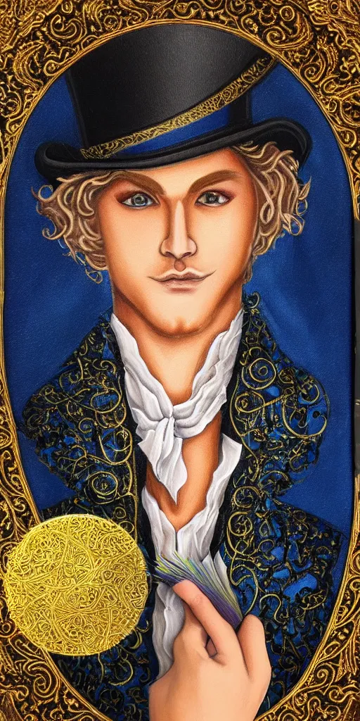 Image similar to beautiful detailed acrylic painting mystical mentalist man, has blond hair and a top hat. Wearing embroidered noble clothes. Heterochroma eyes. A small book with gold filigree in hand. Renaissance. Fantasy.