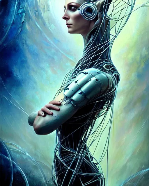 Prompt: karol bak and tom bagshaw and bastien lecouffe - deharme full body character portrait of galadriel as the borg queen, digitalcore rebirth, floating in a powerful zen state, supermodel, beautiful and ominous, wearing combination of mecha and bodysuit made of wires and silk, machinery enveloping nature in the background, scifi character render