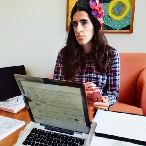 Image similar to A photo of hila klein sitting on a computer scrolling a webpage of etsy.com with clothes designs