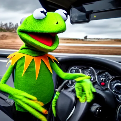 Image similar to Kermit the frog driving a semi truck 4k hd photo journalism