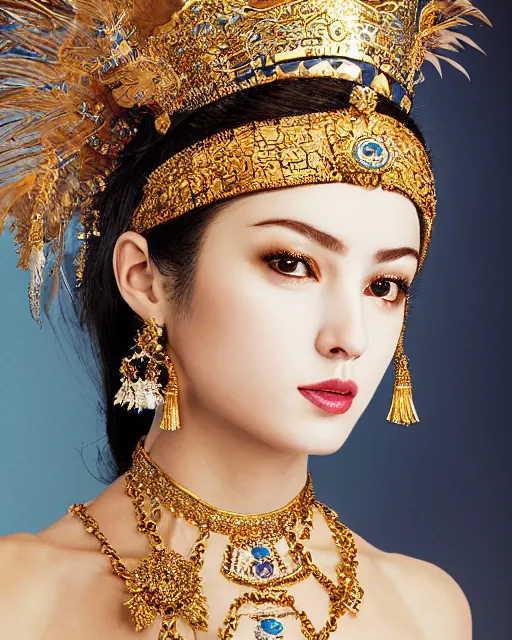 Image similar to portrait of a beautiful greek woman +diadem with facemask and feather crest+ long hairs and complex hairdressing+antique greek tunique+symmetric face, symmetric body+gold jewels, collar, earings, rubis, sapphire, topaz,citrite+gods of olympe+ in the style of saint seiya + by Joongwon Jeong and Kei Mieno, artsation, unreal engine render, octane render