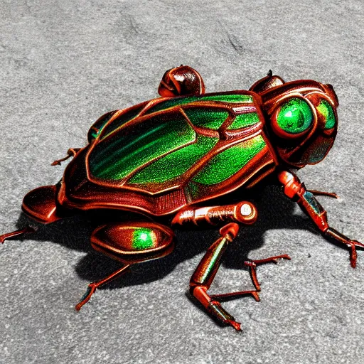 Prompt: end times paradox rust metallic beetle robot frog, photorealistic, 8 k, ultra detailed, all colors, many lines.