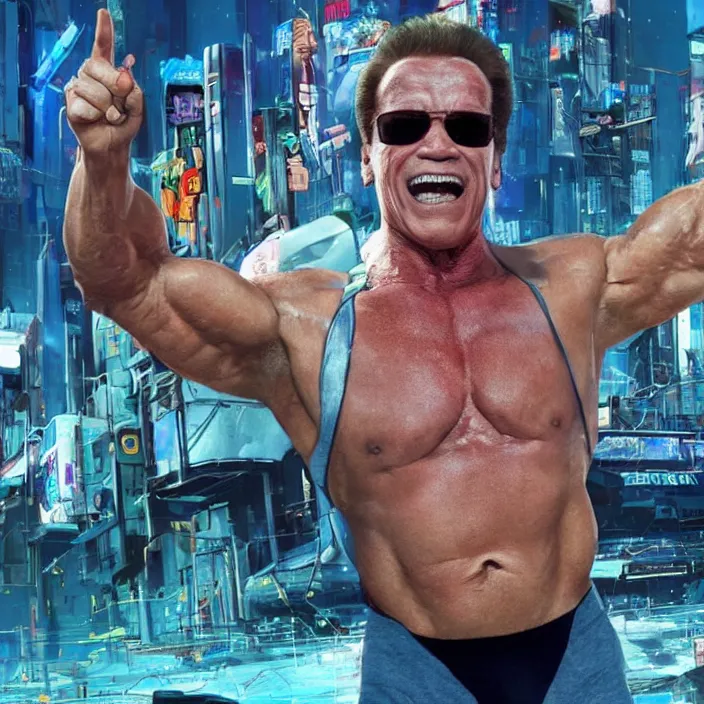 Prompt: arnold schwarzenegger having fun at a cyberpunk beach, futuristic cyberpunk, detailed photo