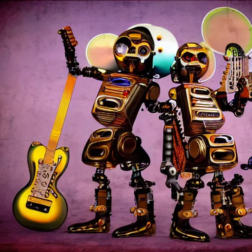 Image similar to album art, robos rock, rockband with 3 steampunk robots playing guitar and drums, r. o. b. o. s. r. o. c. k., 8 k, flourescent colors, halluzinogenic, multicolored, exaggerated detailed, front shot, 3 d render, octane