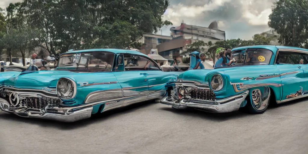 Image similar to highly detailed photo of an award winning lowrider, cruising at a car show, car bounce, air suspension, fan girls, 8 k, octane render, unreal engine, ue 5, photoshop, maya, ray tracing