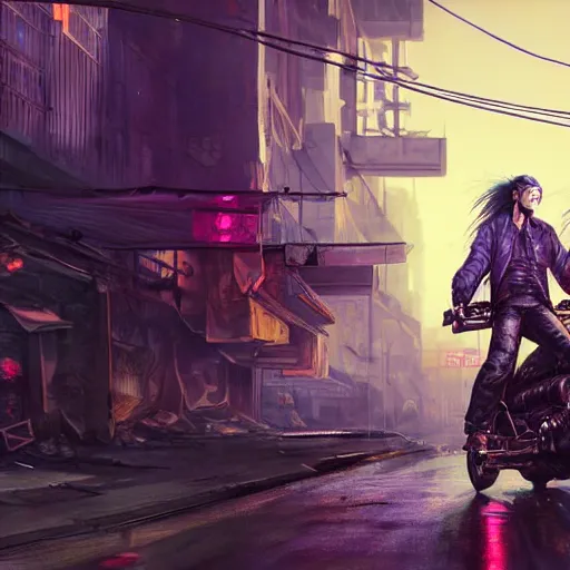 Image similar to portrait painting of a street samurai with long purple hair riding a motorcycle through a burning cyberpunk slum, glitchwave, ultra realistic, concept art, intricate details, eerie, highly detailed, photorealistic, octane render, 8 k, unreal engine. art by artgerm and greg rutkowski