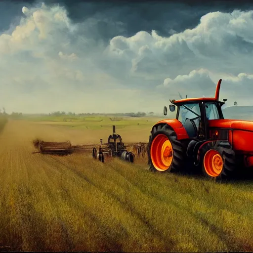 Image similar to hyperrealistic painting image where a tractor appears in the cinematic field