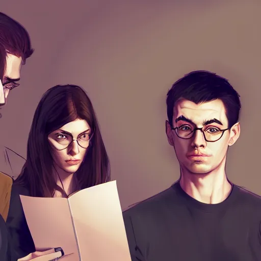 Prompt: realistic portrait of three male and one female characters look intensely at a terrified female author looking at some written notes, aesthetic!, trending on artstation, detailed digital art,