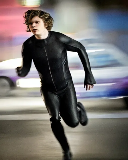 Image similar to photo of evan peters, as quicksilver, racing at hyper speed thru the streets of nyc. ever thing is a blur via long exposure like effect, but he is in sharp focus.