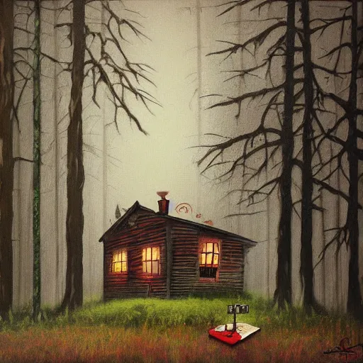 Image similar to a painting of a eerie cabin in the middle of the woods in the style of banksy