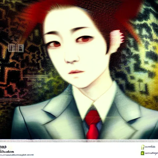 Image similar to yoshitaka amano blurred and dreamy realistic three quarter angle portrait of a young woman with short hair and black eyes wearing office suit with tie, junji ito abstract patterns in the background, satoshi kon anime, noisy film grain effect, highly detailed, renaissance oil painting, weird portrait angle, blurred lost edges