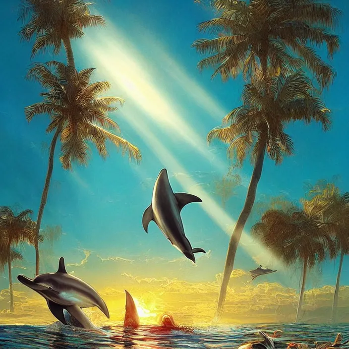 Prompt: dolphin swimming, golden hour, god rays, by artgerm and ismail inceoglu and greg olsen, palm trees, masterpiece, beautiful, intricate, elegant, highly detailed