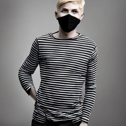 Image similar to professional pencil sketch of a young adult man with short blonde hair wearing a black face mask a striped long-sleeved shirt and ripped skinny jeans, high quality, HD, 8K, highly detailed, award-winning