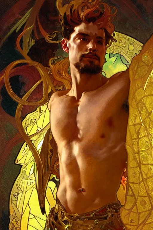 Image similar to A man wearing golden clothes, muscular, fantasy, painting by greg rutkowski and alphonse mucha