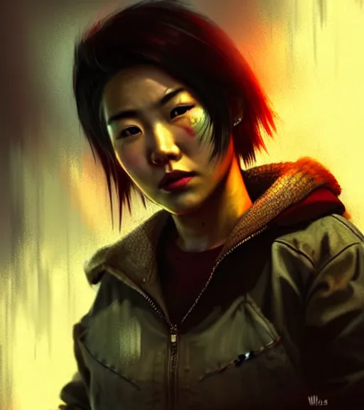 Image similar to fallout 5, charismatic beautiful rugged asian female protagonist, portrait, outdoors in a dilapidated tokyo back alley, atmospheric lighting, painted, intricate, volumetric lighting, daytime, autumn, fog, sharp focus, ultra detailed, art by william turner