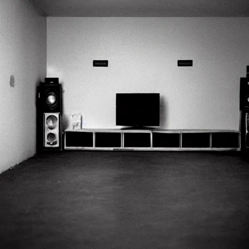 Prompt: Photograph of an empty room with a TV playing static at night, dusty, wood cabinets, taken using a film camera with 35mm expired film, bright camera flash enabled, slightly foggy, award winning photograph, creepy, liminal space