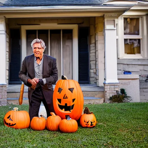 Prompt: harrison ford trick or treating on halloween, ( sony a 7 r iv, symmetric balance, polarizing filter, photolab, lightroom, 4 k, dolby vision, photography awardm, voque, perfect face )