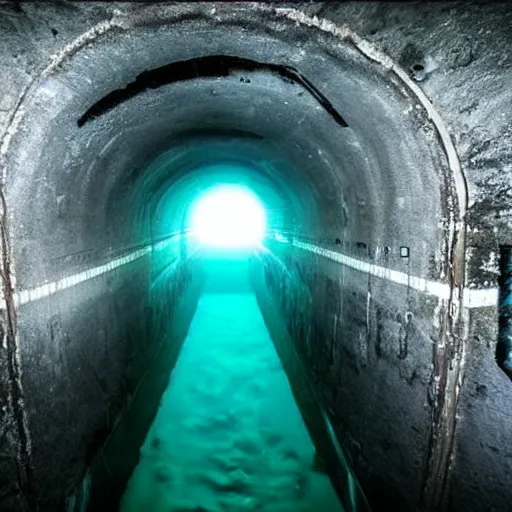 Image similar to a dark underwater tunnel that has machinery and pipes along the walls, dark, scary, horror, eerie, submechanophobia,