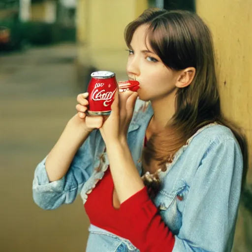 Prompt: an analog photo a 23 year old beautiful model, drinking a bottle of coca-cola, commercial photography, advertisement, kodak portra 400