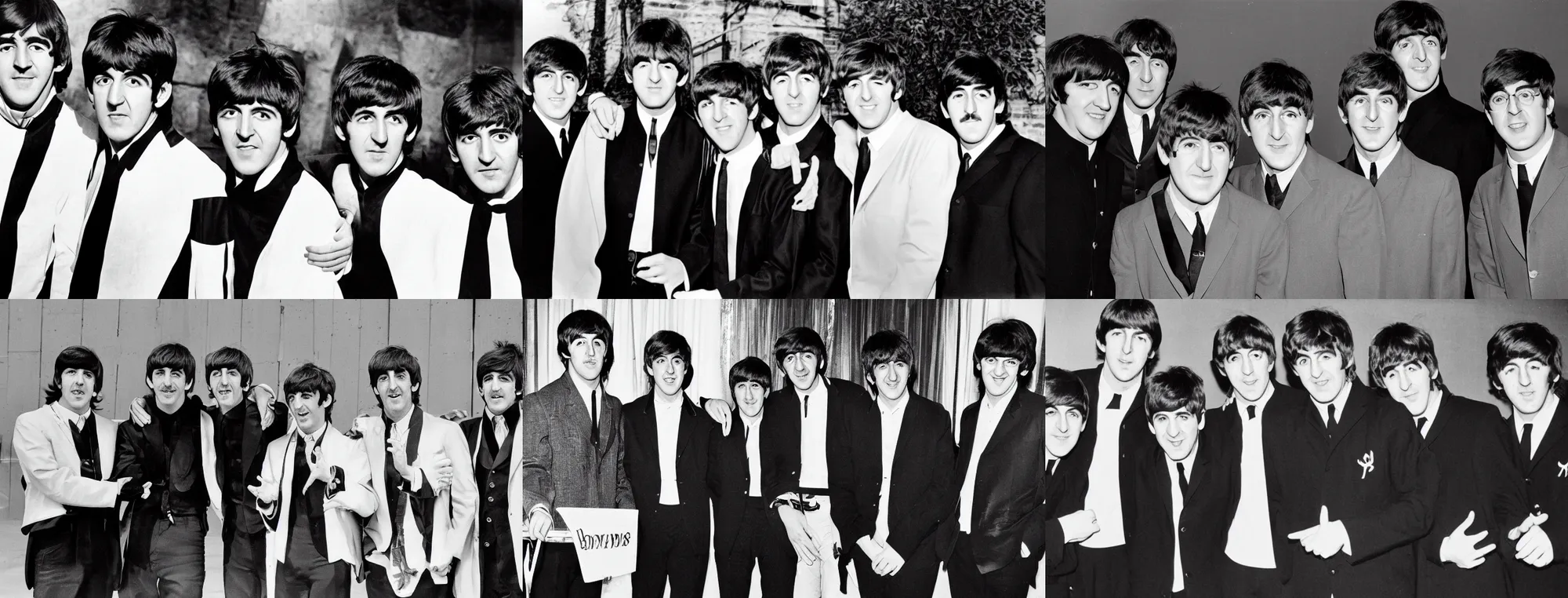 Prompt: black and white photograph of all five beatles