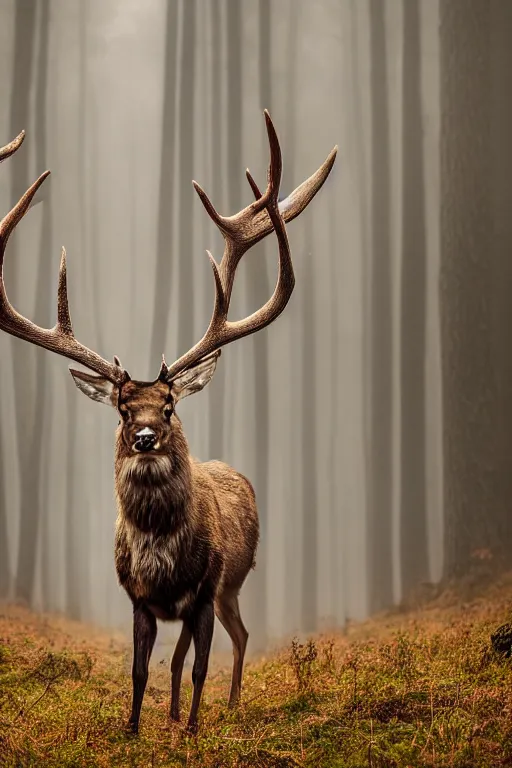 Prompt: beautiful photo of a stag with large antlers in a pine forest in the early ours of the morning with morning fog and dew on the grass. sunrise. nature. photography. national geographic. detailed face and fur, ultra hd, sharp. volumetric lighting, hasselblad. nikon z 9. 1 0 0 mm. f / 2. 5