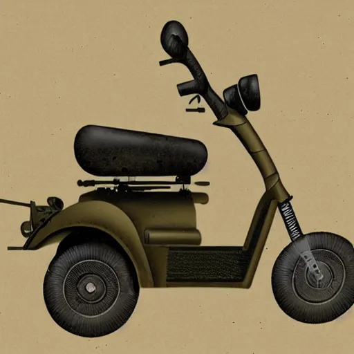 Image similar to military diagram of a mobility scooter with a mounted machine gun