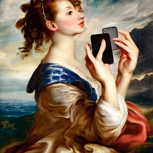 Image similar to heavenly summer sharp land sphere scallop well dressed lady taking a selfie with her iphone auslese, by peter paul rubens and eugene delacroix and karol bak, hyperrealism, digital illustration, fauvist, iphone