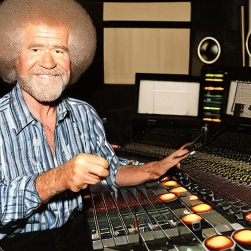 Prompt: Bob Ross as a producer, mixing his snare, studio