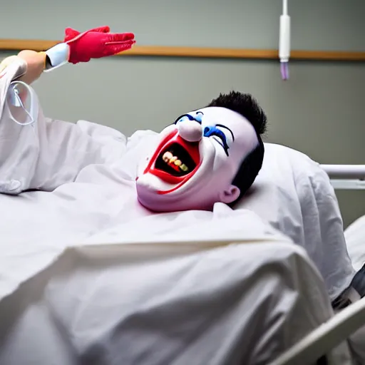 Prompt: confused laughing clown lying in hospital bed with wrist restraints on, restraint fabric straps attached to hospital bed, photograph, 8 k