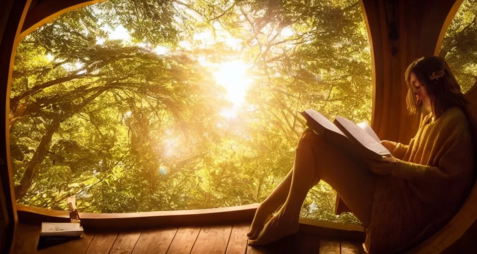 Prompt: An incredibly beautiful close-up shot from a 2022 fantasy film featuring a character sitting in a cozy art nouveau reading nook inside a fantasy treehouse. Golden Hour. 8K UHD.