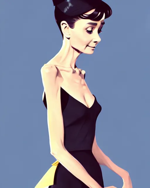 Image similar to full body character concept art of audrey hepburn | | distinct - fine, key visual, realistic shaded perfect face, fine details by stanley artgerm lau, wlop, rossdraws, james jean, andrei riabovitchev, marc simonetti, sakimichan, and jakub rebelka, trending on artstation