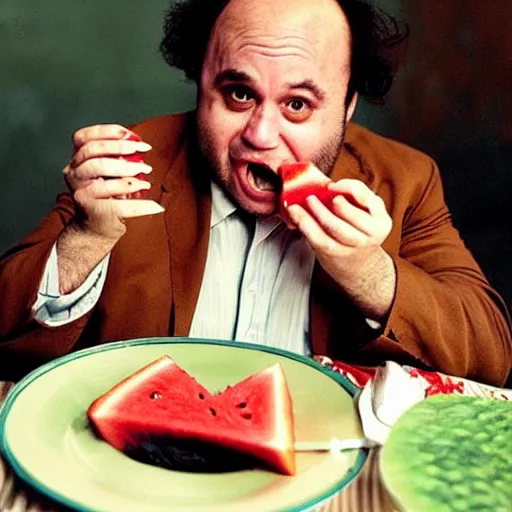 Image similar to “Frank Reynolds (from It's Always Sunny In Philadelphia) as the US President eating a watermelon, informal journalistic style photo by Steve McCurry”