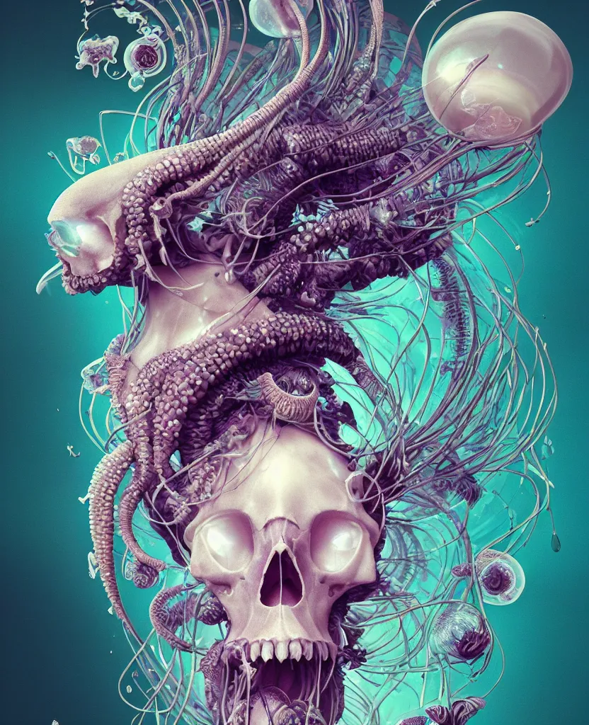 Image similar to goddess close-up portrait ram skull, thorax, x-ray, backbone, jellyfish phoenix head, nautilus, orchid, skull, betta fish, bioluminiscent creatures, intricate artwork by Tooth Wu and wlop and beeple. octane render, trending on artstation, greg rutkowski very coherent symmetrical artwork. cinematic, hyper realism, high detail, octane render, 8k