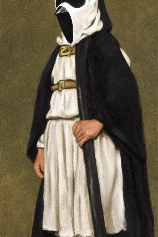 Image similar to a young adventurer wearing a white bird mask and a black cloak.