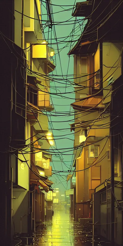 Image similar to tokyo alleyway, rainy day, lights, ( ( ( cables ) ) ) by cory loftis, makoto shinkai, hasui kawase, james gilleard, beautiful, serene, peaceful, lonely, golden curve composition