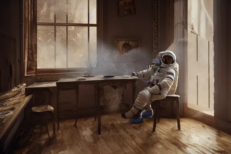 Image similar to a single cosmonaut in a spacesuit drinks a steaming cup of tea at an old wooden desk in a richly decorated Victorian house. the autumn light comes in through a window and dimly illuminates the room, diffuse light, octane render