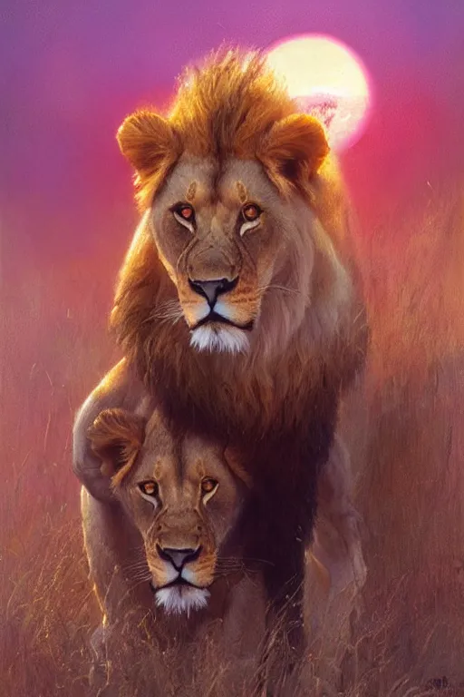 Image similar to spiritual twin flame lioness and lion art, pink sunset hue, highly detailed, oil painting hue, by craig mullins