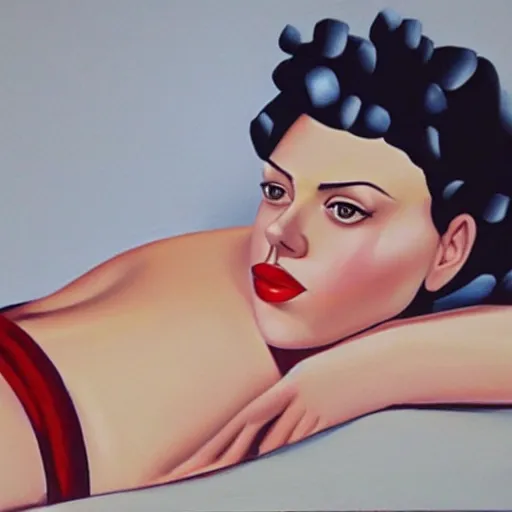 Image similar to painting of Scarlett Johansson bathing, style of Tamara de Lempicka