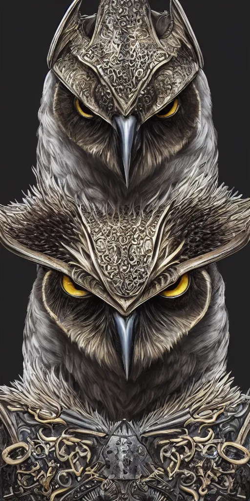 Image similar to sideview waist up portrait of owl wear baphomet armor made with porcelain by jeff easley and peter elson, beautiful eyes and face, symmetry face, galaxy, gothic, surreal, dread, highly detailed, intricate complexity, epic composition, magical atmosphere, masterpiece, award winning, trending on artstation