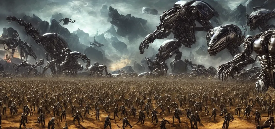 Image similar to epic army of chrome robots battle creatures on alien planet, landscape, alex ross, neal adams, david finch, war, concept art, matte painting, highly detailed, rule of thirds, dynamic lighting, cinematic, detailed, denoised, centerd