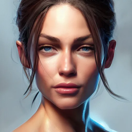 Image similar to a very beautiful and pretty woman with muscles, digital art, photorealistic, unreal engine, 8 k resolution, artstation, beautiful face, pretty face, very detailed eyes, by wlop, greg rutkowski, simon bosley