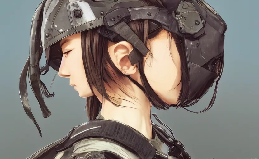 Image similar to side portrait of girl eating from can, soldier clothing, combat helmet, anime style, short hair, hair down, symmetrical facial features, from arknights, hyper realistic, 4 k, rule of thirds, extreme detail, detailed drawing, trending artstation, hd, d & d, realistic lighting, by alphonse mucha, greg rutkowski, sharp focus, backlit