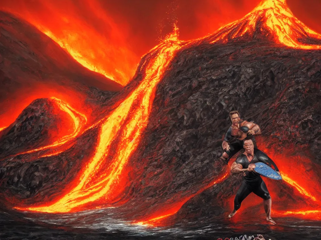 Image similar to detailed portrait of an arnold schwarzenegger surfing on lava, volcano eruption on the background, stunning scene, 8 k, digital painting, hyperrealism, vivid colors, trending on artstation