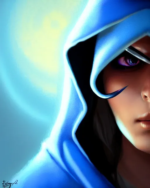 Image similar to ana from overwatch, blue hooded cloak, eye patch, character portrait, portrait, close up, highly detailed, intricate detail, amazing detail, sharp focus, vintage fantasy art, vintage sci - fi art, radiant light, caustics, by boris vallejo