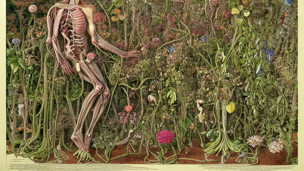 Prompt: highly detailed illustration of a single human anatomy body surrounded by all the known species of plants and flowers by juan gatti, by moebius!, by leonardo da vinci!!, by oliver vernon