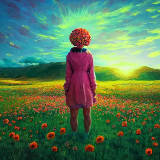 Image similar to girl with a blooming flower face, surreal photography, bizzare, dreamlike, otherworldly, standing in flower field, in a valley, sunrise dramatic light, impressionistic painting, colorful clouds, artstation, simon stalenhag