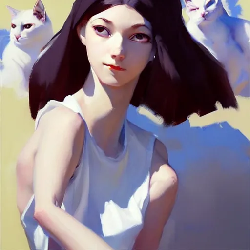 Image similar to greg manchess portrait painting of white pale skinny young girl 1 8 with long black hime haircut as overwatch character, and two cats beside, medium shot, asymmetrical, profile picture, organic painting, sunny day, matte painting, bold shapes, hard edges, street art, trending on artstation, by huang guangjian and gil elvgren and sachin teng