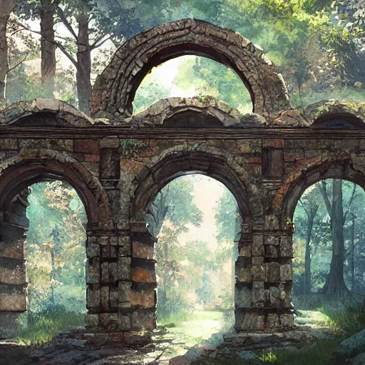 Image similar to concept art painting of an ornate ancient stone archway, in the woods, realistic, detailed, cel shaded, in the style of makoto shinkai and greg rutkowski and james gurney