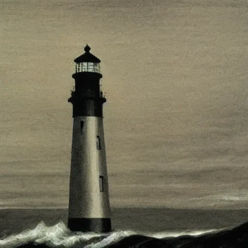 Prompt: an engraving of a storm battering a lighthouse by edward hopper